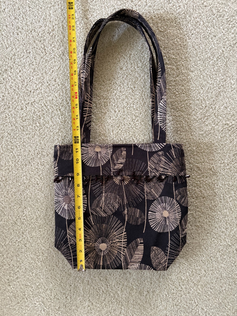 Black Tote with Beige Botanical Burst Print